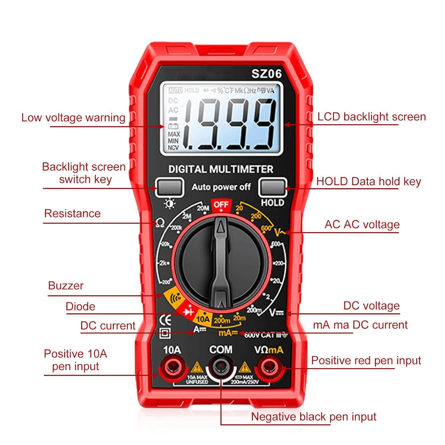Digital Multimeter Mit 1999 Zählungen, Strommessgerät Voltmeter Für AC/DC Spannung, DC Strom, Durchgang, Widerstand, Diode Mit Großes Lcd-Anzeige Und Faltbar Ständer, Spannungsprüfer Für Elektriker