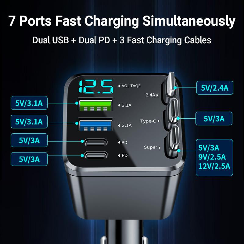 8-In-1 Car Fast Charger with 3 Retractable Cables 180° Adjustment LED Display Universal Plug for Iphone & Type-C Devices