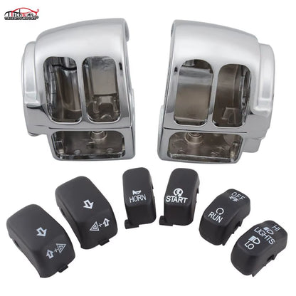 Motorcycle Black/Chrome Handlebar Control Switch Housings Cover and Switch Cap Buttons for Harley Touring Road King Dyna Softail