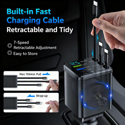 8-In-1 Car Fast Charger with 3 Retractable Cables 180° Adjustment LED Display Universal Plug for Iphone & Type-C Devices