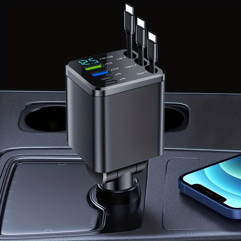 8-In-1 Car Fast Charger with 3 Retractable Cables 180° Adjustment LED Display Universal Plug for Iphone & Type-C Devices