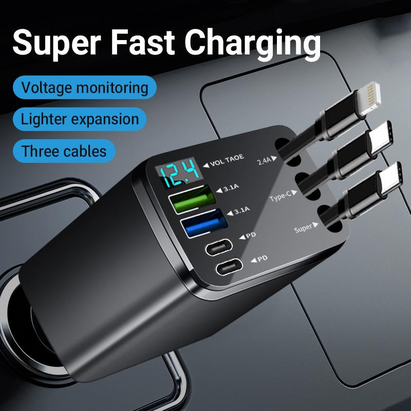 8-In-1 Car Fast Charger with 3 Retractable Cables 180° Adjustment LED Display Universal Plug for Iphone & Type-C Devices