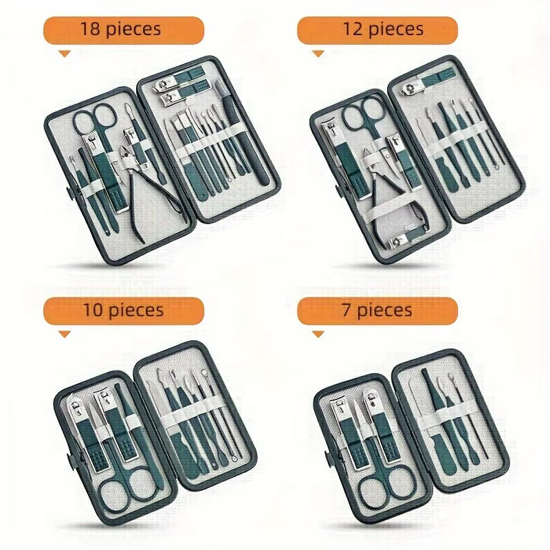 Professional 7-18 Piece Nail Care Kit Stainless Steel Manicure & Pedicure Set with Travel Case for On-The-Go Grooming
