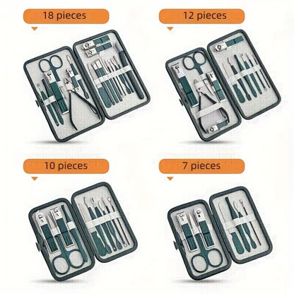 Professional 7-18 Piece Nail Care Kit Stainless Steel Manicure & Pedicure Set with Travel Case for On-The-Go Grooming