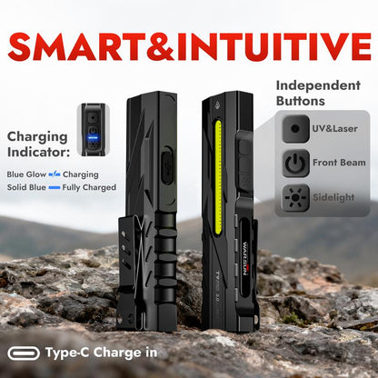 【Holiday Haul】 WARSUN T9 EDC Flashlight, 1500 Lumens Multi-Light LED Flashlight with Laser Red & UV Light, USB-C Rechargeable, Magnetic Tail Clip, Side Flood Light, Battery Indicator