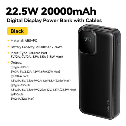 Portable Power Bank 20000Mah with Two Built-In Cables External Battery PD 22.5W Fast Charging for Iphone 17 16 15 Xiaomi