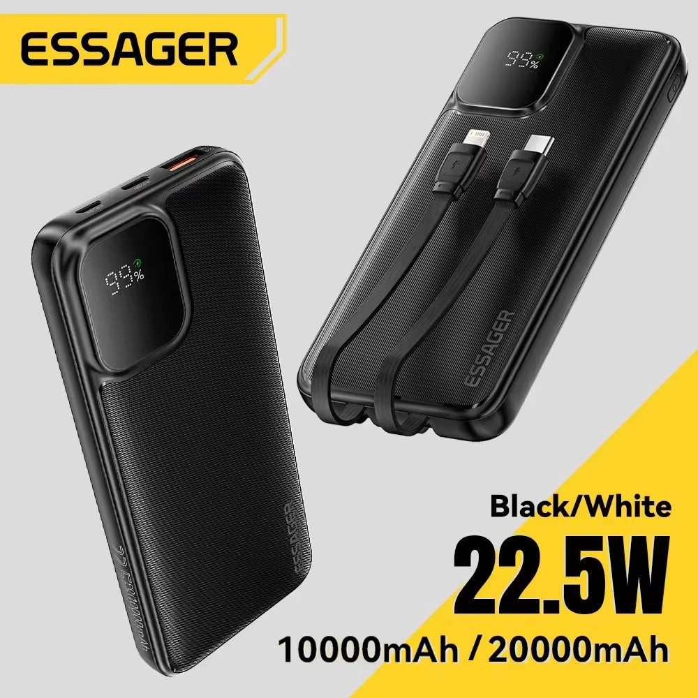 Portable Power Bank 20000Mah with Two Built-In Cables External Battery PD 22.5W Fast Charging for Iphone 17 16 15 Xiaomi
