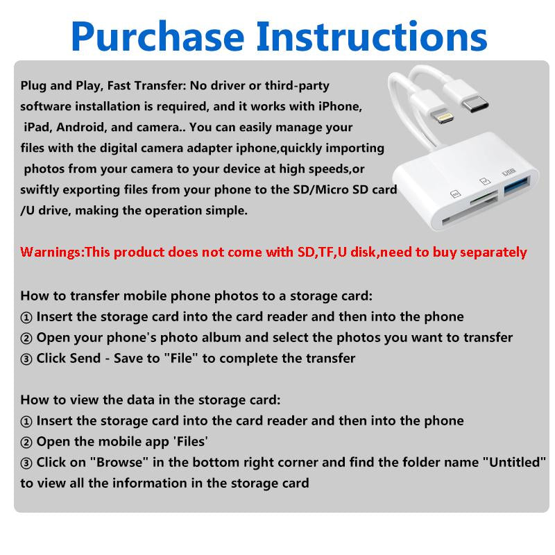 5-In-1 SD Card Reader for Iphone, Ipad & Android — Dual Usb-C/Lightning Adapter, Supports Sd/Micro Sd/Usb/Camera, Fast USB 3.0 Transfer, Plug & Play, No App Needed