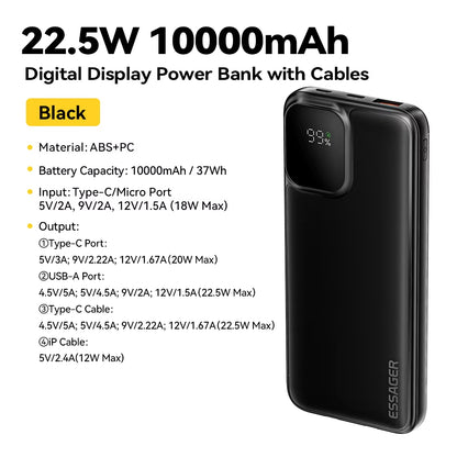Portable Power Bank 20000Mah with Two Built-In Cables External Battery PD 22.5W Fast Charging for Iphone 17 16 15 Xiaomi