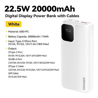Portable Power Bank 20000Mah with Two Built-In Cables External Battery PD 22.5W Fast Charging for Iphone 17 16 15 Xiaomi