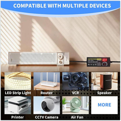 Universal Power Supply, Plug Converter, Adjustable from 3.5 to 24V at 2A, AC to DC Adapter, US Power Plug, Featuring an LCD Screen and Digital Display, Includes Reverse Polarity Wiring and 14 Connectors