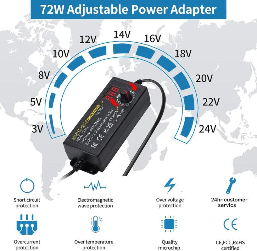 Universal Power Supply, Plug Converter, Adjustable from 3.5 to 24V at 2A, AC to DC Adapter, US Power Plug, Featuring an LCD Screen and Digital Display, Includes Reverse Polarity Wiring and 14 Connectors