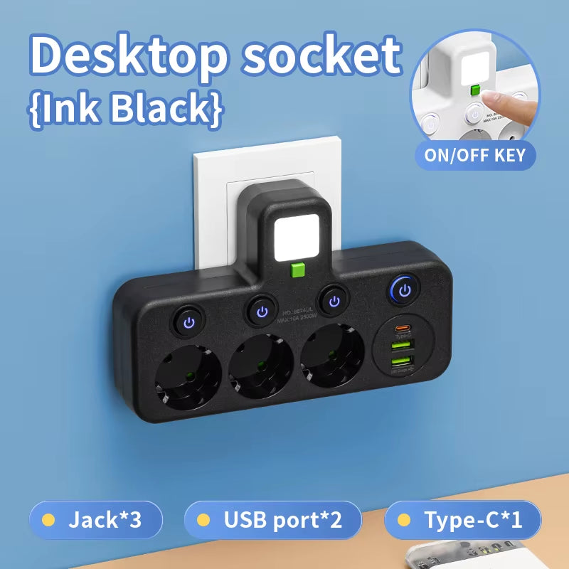 EU AC Plug Power Strip Wall Mounted Independent Switch Multitap Socket Network Filter with USB Charging Network Filter Adapter