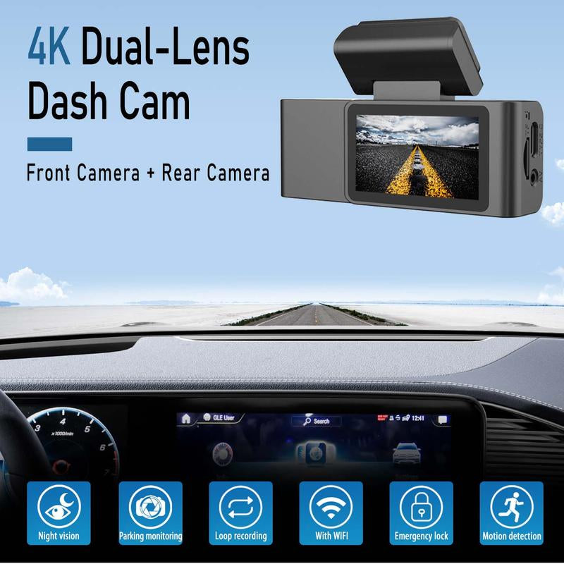 4K Dual Dash Camera for Cars with 64GB SD Card, Wifi & App Control, Night Vision, Parking Mode, G-Sensor, Loop Recording.
