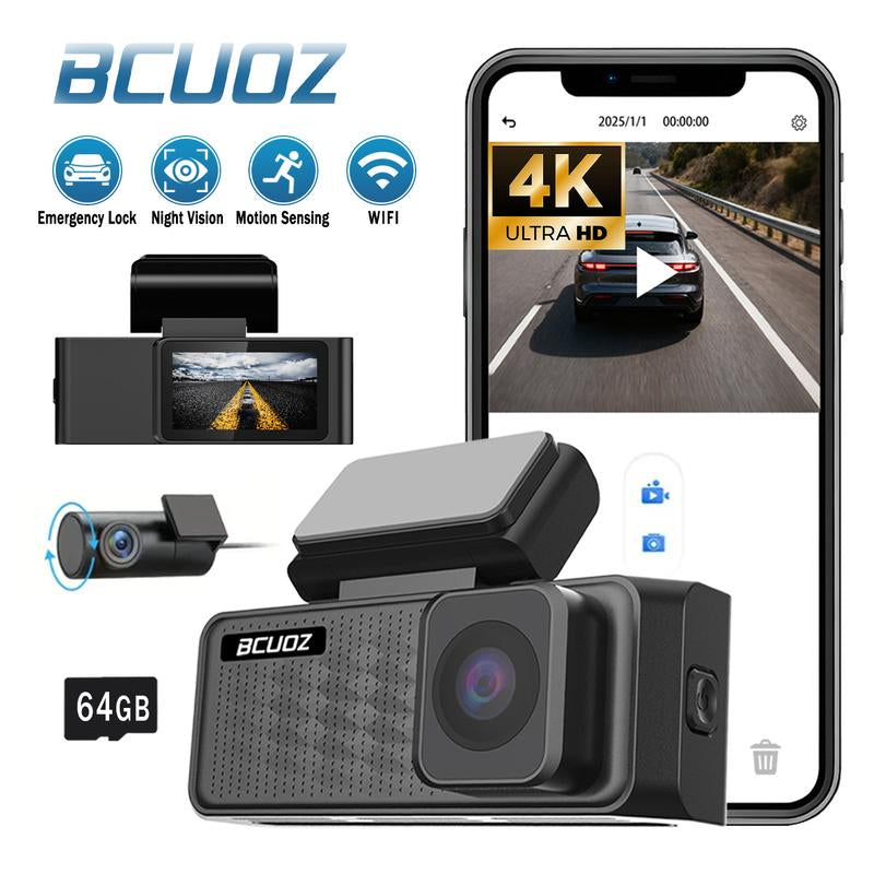 4K Dual Dash Camera for Cars with 64GB SD Card, Wifi & App Control, Night Vision, Parking Mode, G-Sensor, Loop Recording.
