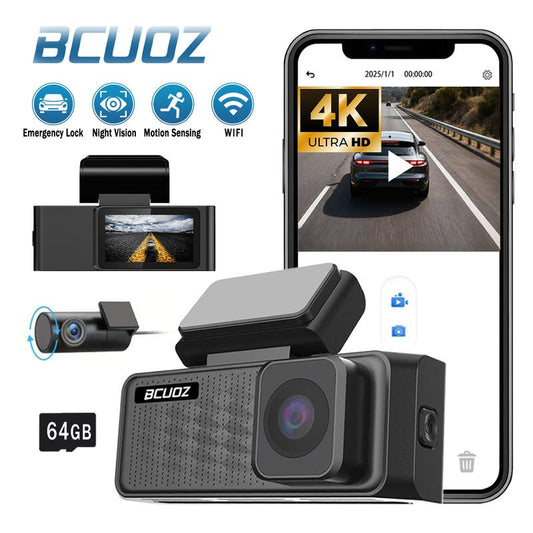 4K Dual Dash Camera for Cars with 64GB SD Card, Wifi & App Control, Night Vision, Parking Mode, G-Sensor, Loop Recording.