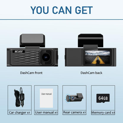 4K Dual Dash Camera for Cars with 64GB SD Card, Wifi & App Control, Night Vision, Parking Mode, G-Sensor, Loop Recording.