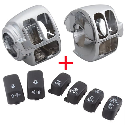Motorcycle Black/Chrome Handlebar Control Switch Housings Cover and Switch Cap Buttons for Harley Touring Road King Dyna Softail