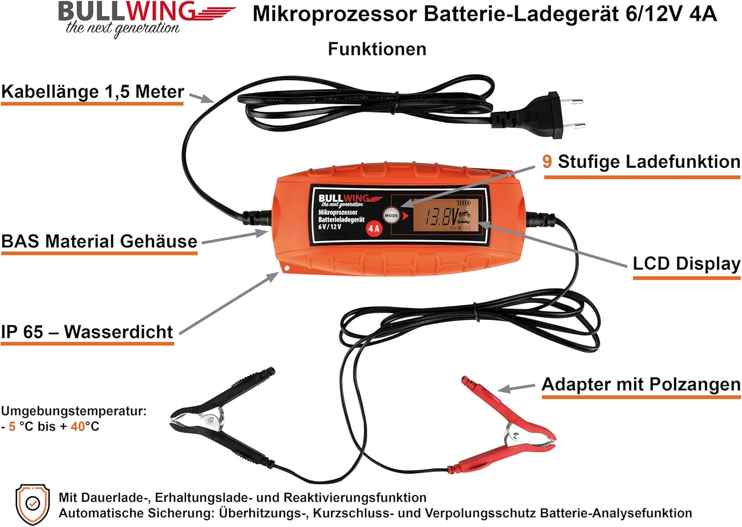 Bullwing Batterieladegerät KFZ Auto Motorrad Mikroprozessor 6/12V 4A Vollautomatisches Batterie Ladegerät Universal Orange
