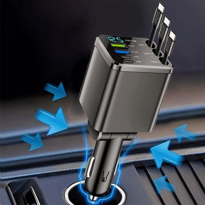 8-In-1 Car Fast Charger with 3 Retractable Cables 180° Adjustment LED Display Universal Plug for Iphone & Type-C Devices