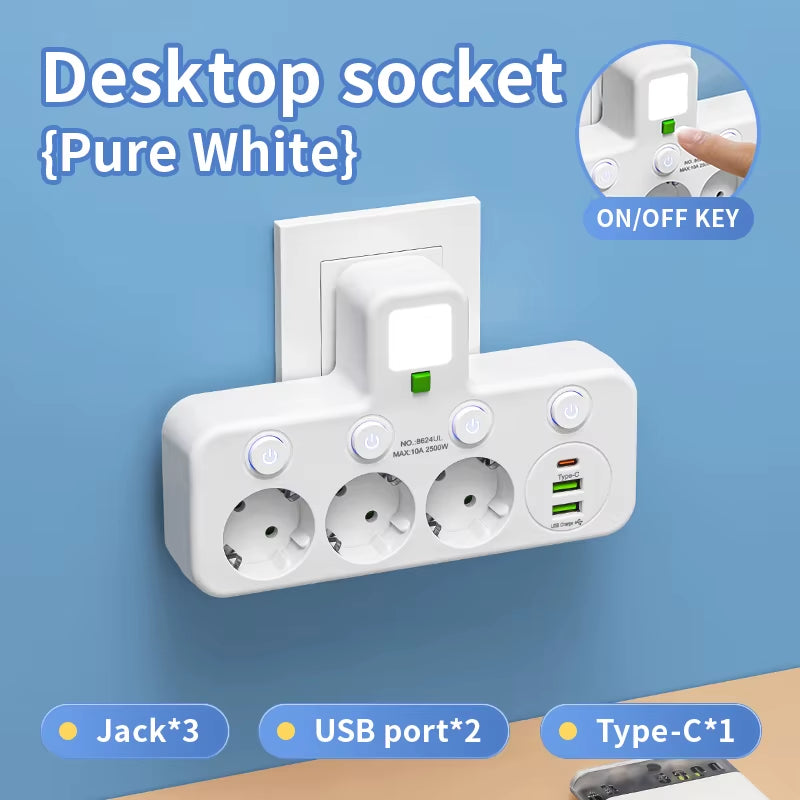 EU AC Plug Power Strip Wall Mounted Independent Switch Multitap Socket Network Filter with USB Charging Network Filter Adapter