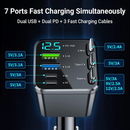 8-In-1 Car Fast Charger with 3 Retractable Cables 180° Adjustment LED Display Universal Plug for Iphone & Type-C Devices