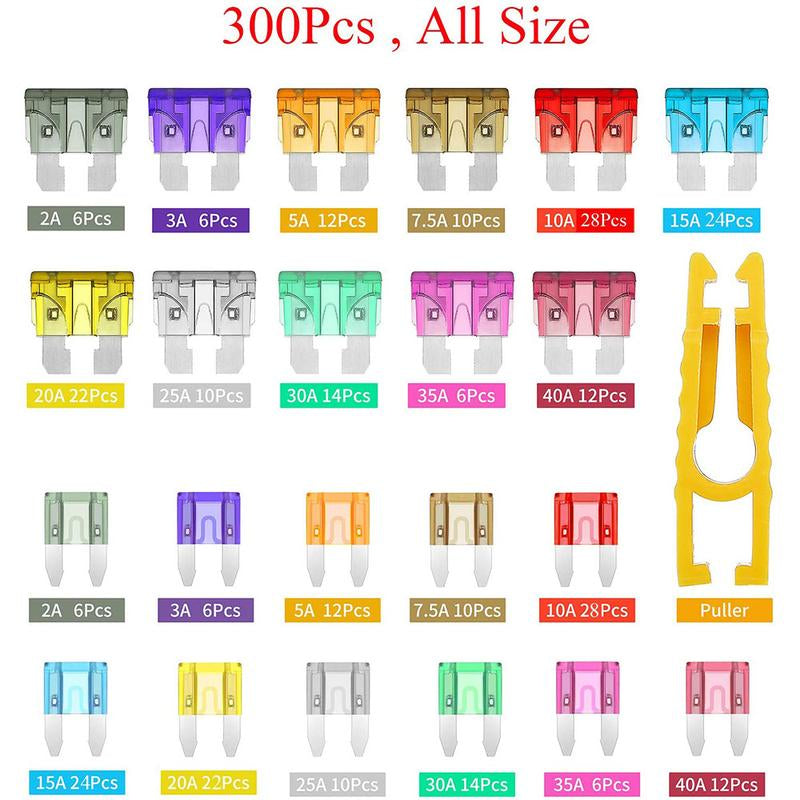 300Pcs Car Fuse Assortment Kit, 150 Mini Blade Fuses Automotive + 150 Standard Auto Fuses + Puller – Replacement for RV Camper Boat Truck (2Amp 3A 5A 7.5A 10A 15A 20A 25A 30A 35A 40A)