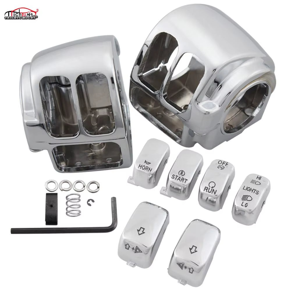 Motorcycle Black/Chrome Handlebar Control Switch Housings Cover and Switch Cap Buttons for Harley Touring Road King Dyna Softail