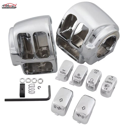 Motorcycle Black/Chrome Handlebar Control Switch Housings Cover and Switch Cap Buttons for Harley Touring Road King Dyna Softail