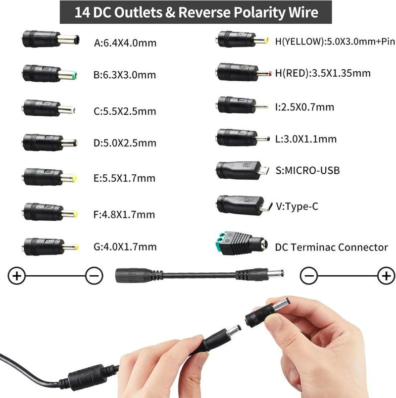 Universal Power Supply, Plug Converter, Adjustable from 3.5 to 24V at 2A, AC to DC Adapter, US Power Plug, Featuring an LCD Screen and Digital Display, Includes Reverse Polarity Wiring and 14 Connectors