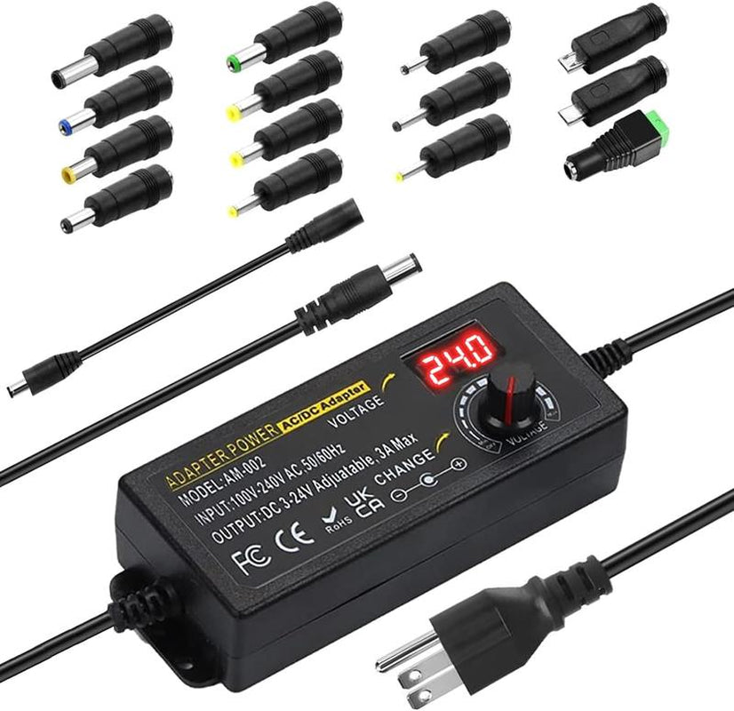 Universal Power Supply, Plug Converter, Adjustable from 3.5 to 24V at 2A, AC to DC Adapter, US Power Plug, Featuring an LCD Screen and Digital Display, Includes Reverse Polarity Wiring and 14 Connectors