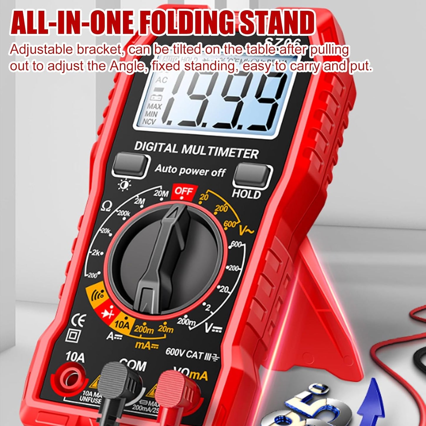 Digital Multimeter Mit 1999 Zählungen, Strommessgerät Voltmeter Für AC/DC Spannung, DC Strom, Durchgang, Widerstand, Diode Mit Großes Lcd-Anzeige Und Faltbar Ständer, Spannungsprüfer Für Elektriker
