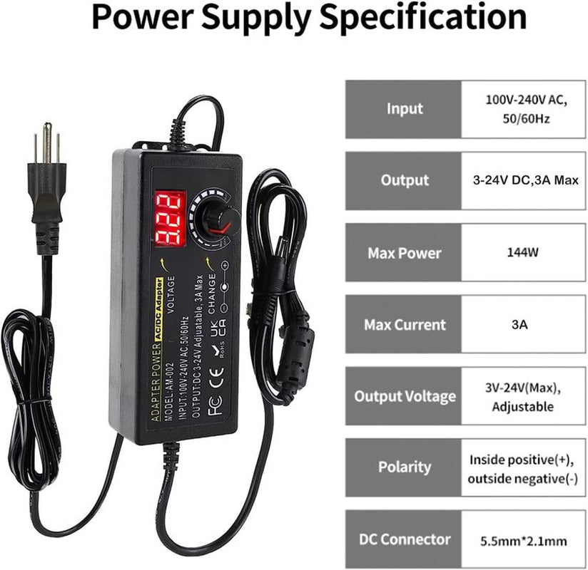 Universal Power Supply, Plug Converter, Adjustable from 3.5 to 24V at 2A, AC to DC Adapter, US Power Plug, Featuring an LCD Screen and Digital Display, Includes Reverse Polarity Wiring and 14 Connectors