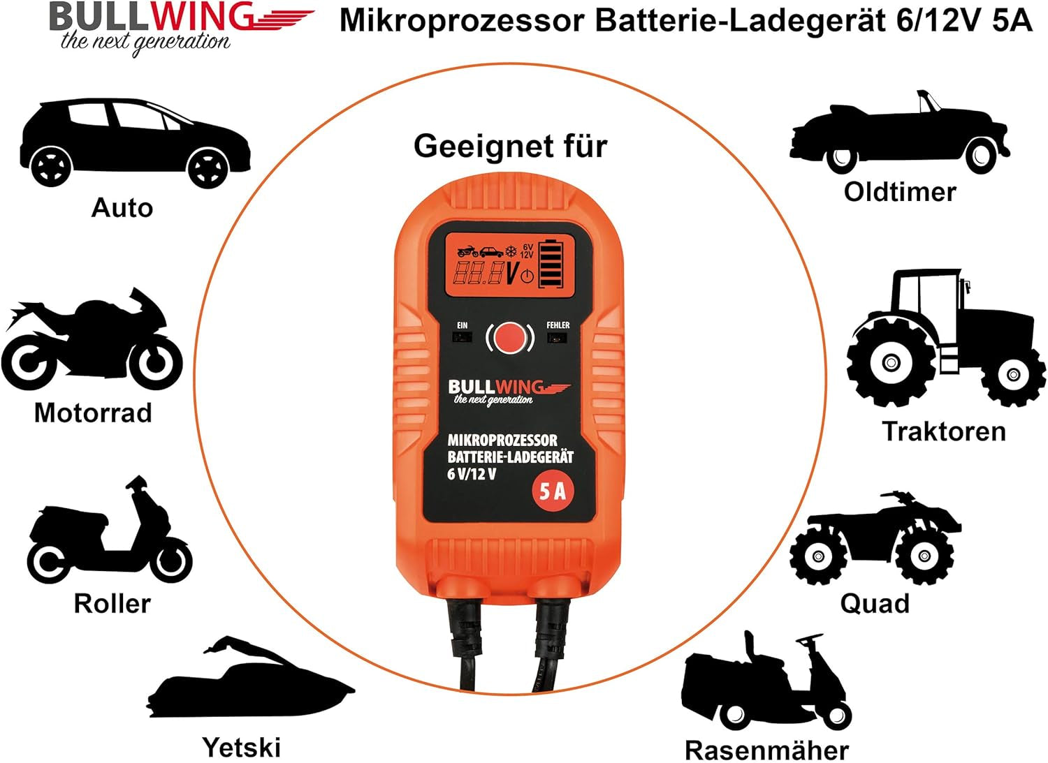 Bullwing Batterieladegerät KFZ Auto Motorrad Mikroprozessor 6/12V 4A Vollautomatisches Batterie Ladegerät Universal Orange