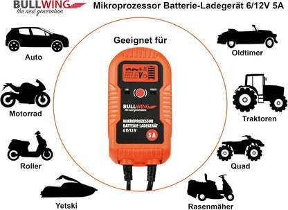 Bullwing Batterieladegerät KFZ Auto Motorrad Mikroprozessor 6/12V 4A Vollautomatisches Batterie Ladegerät Universal Orange