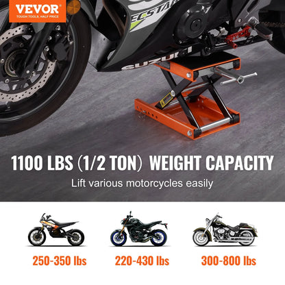 VEVOR Motorcycle Lift, 1100 LBS Motorcycle Scissor Lift Jack with Wide Deck & Safety Pin, 3.7-13.8 Center Hoist Crank Stand, Steel Scissor Jack for Street Bikes, Cruiser Bikes, Touring Motorcycles