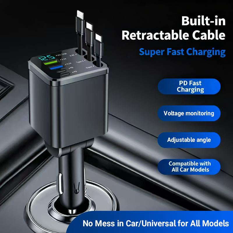 8-In-1 Car Fast Charger with 3 Retractable Cables 180° Adjustment LED Display Universal Plug for Iphone & Type-C Devices