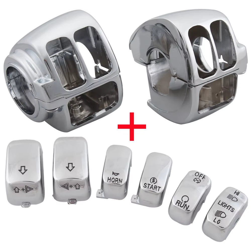 Motorcycle Black/Chrome Handlebar Control Switch Housings Cover and Switch Cap Buttons for Harley Touring Road King Dyna Softail