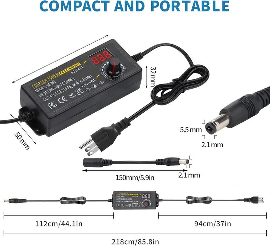 Universal Power Supply, Plug Converter, Adjustable from 3.5 to 24V at 2A, AC to DC Adapter, US Power Plug, Featuring an LCD Screen and Digital Display, Includes Reverse Polarity Wiring and 14 Connectors