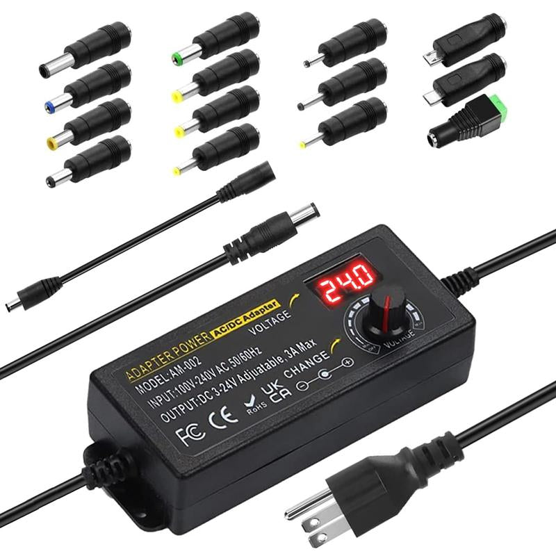 Universal Power Supply, Plug Converter, Adjustable from 3.5 to 24V at 2A, AC to DC Adapter, US Power Plug, Featuring an LCD Screen and Digital Display, Includes Reverse Polarity Wiring and 14 Connectors