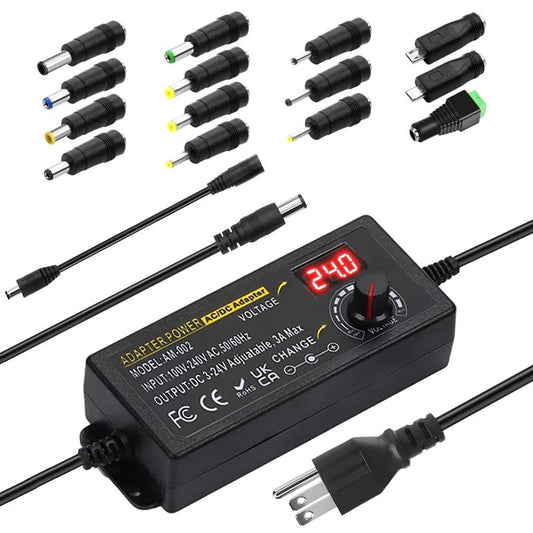 Universal Power Supply, Plug Converter, Adjustable from 3.5 to 24V at 2A, AC to DC Adapter, US Power Plug, Featuring an LCD Screen and Digital Display, Includes Reverse Polarity Wiring and 14 Connectors