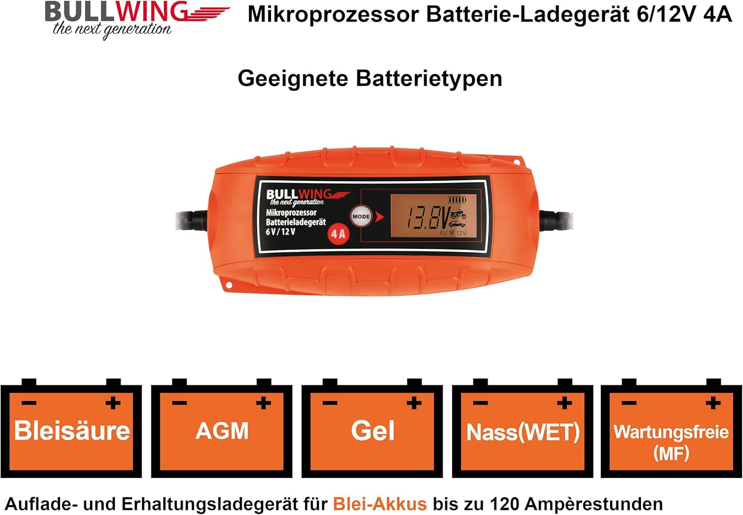 Bullwing Batterieladegerät KFZ Auto Motorrad Mikroprozessor 6/12V 4A Vollautomatisches Batterie Ladegerät Universal Orange