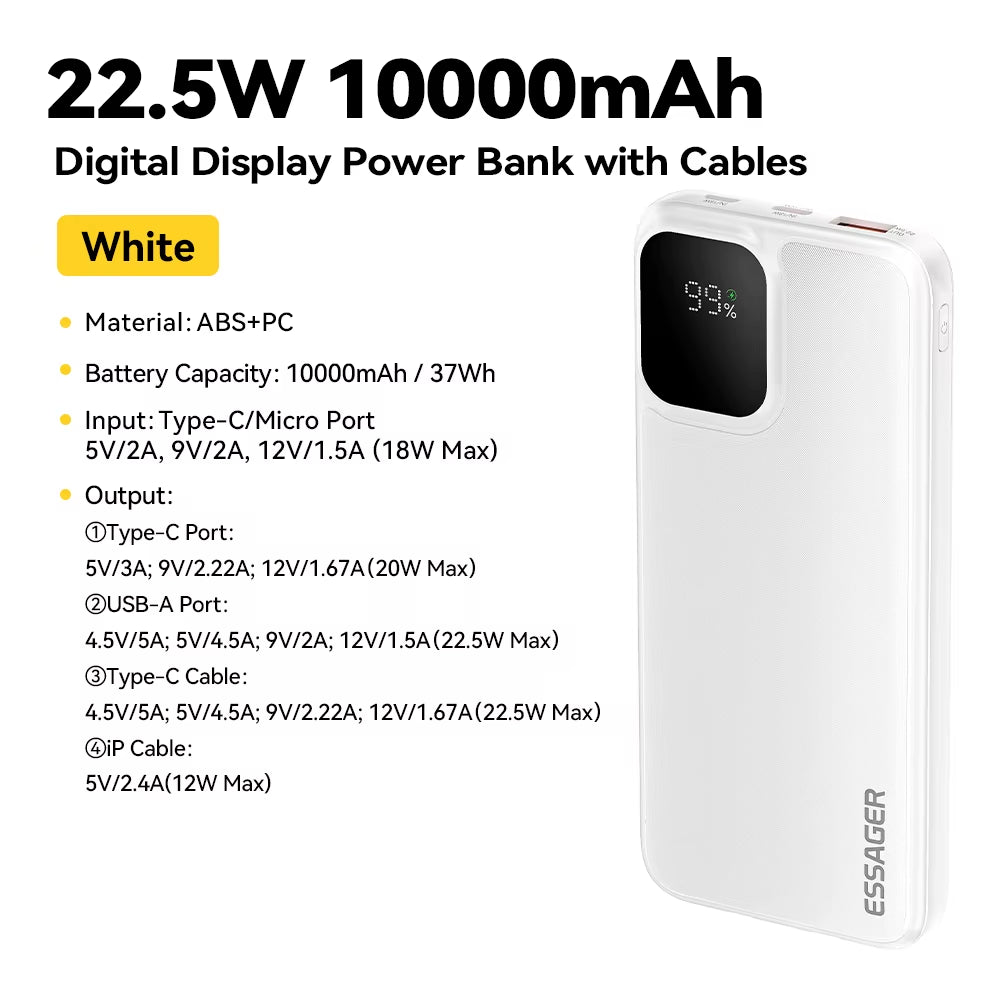 Portable Power Bank 20000Mah with Two Built-In Cables External Battery PD 22.5W Fast Charging for Iphone 17 16 15 Xiaomi