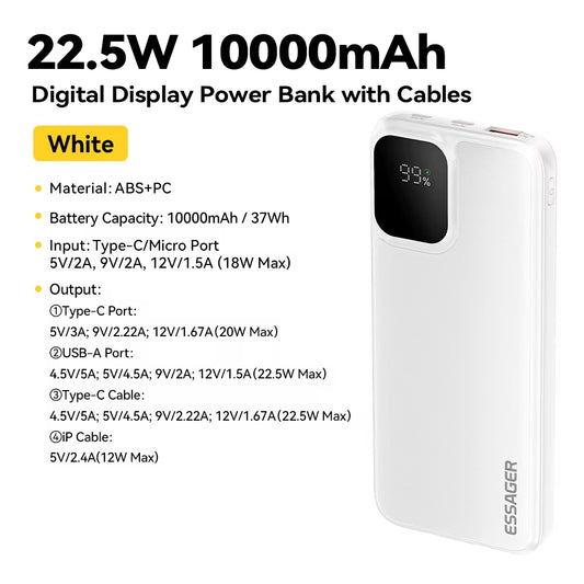 Portable Power Bank 20000Mah with Two Built-In Cables External Battery PD 22.5W Fast Charging for Iphone 17 16 15 Xiaomi