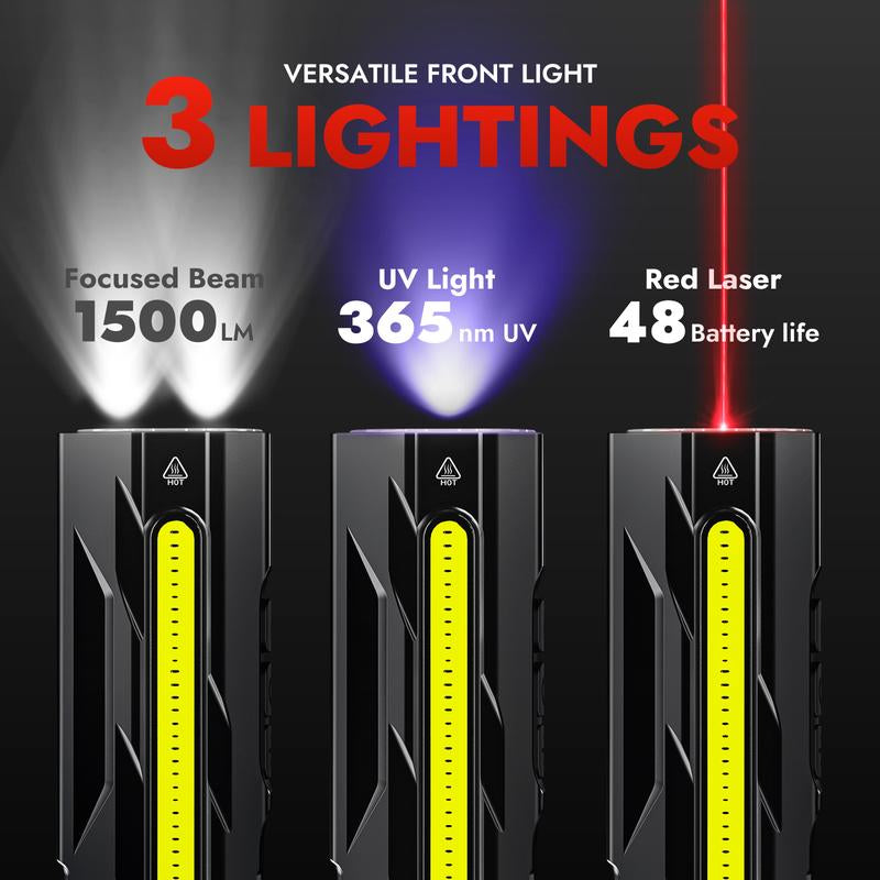 【Holiday Haul】 WARSUN T9 EDC Flashlight, 1500 Lumens Multi-Light LED Flashlight with Laser Red & UV Light, USB-C Rechargeable, Magnetic Tail Clip, Side Flood Light, Battery Indicator