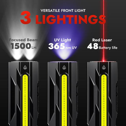 【Holiday Haul】 WARSUN T9 EDC Flashlight, 1500 Lumens Multi-Light LED Flashlight with Laser Red & UV Light, USB-C Rechargeable, Magnetic Tail Clip, Side Flood Light, Battery Indicator