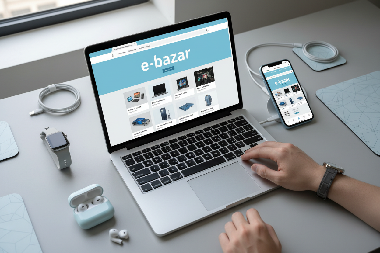 showing a notebook and mobile and some gadgets, a hand which typing, a webshop on the screen (e-bazar), use light blue and grey colours